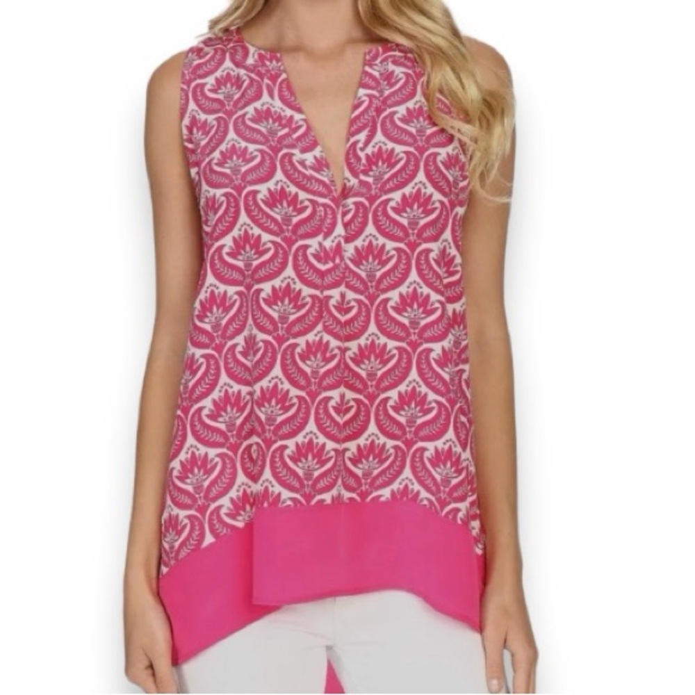 Hatley Silk Floral V-Neck Sleeveless Tunic in Bright Pink & White | Size M